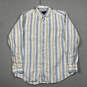 Scott Barber 100% Linen Button Down Shirt Mens XL Beige Blue Striped
